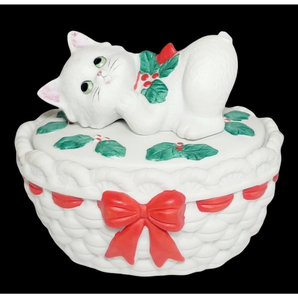 VTG Lefton Porcelain Christmas Kitty Trinket Dish Bowl Holly Ribbon 1987 READ